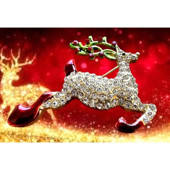 Reindeer Brooch Pin Rudolph Christmas Eve New Crystal Accents Santa Nort… - Picture 8 of 12